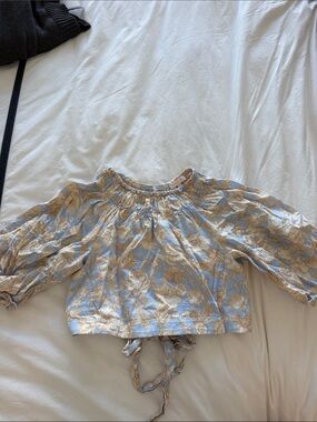 Rebecca Taylor Blue Sky Satin Leaf Floral Open Back Top